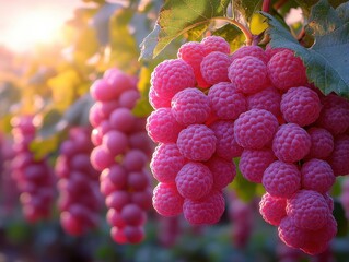 Bunches of ripe, pink grapes hanging from lush green vines in sunlight.
