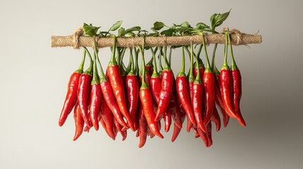 Red chili peppers hanging on a stick against a white background