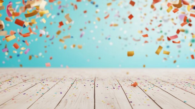 Fundo azul infinito para mockup de produto com tema de Carnaval, com chuva de papel picado e ch&atilde;o de madeira. Possui espa&ccedil;o para texto e conte&uacute;do