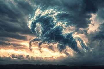 Storm clouds forming mythical creatures with dramatic backlighting composition and rule of thirds on time-lapse blend