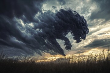 Storm clouds forming mythical creatures with dramatic backlighting composition and rule of thirds on time-lapse blend