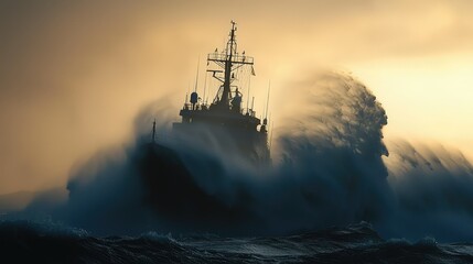Obraz premium Powerful Tugboat Navigating Stormy Seas at Dusk with Majestic Waves