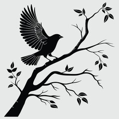 a bird landing on a branch silhouette vector design art and illustration