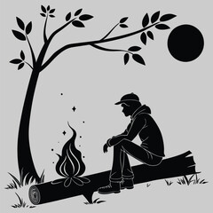 a person sitting on a log by a fire silhouette vector design art and illustration