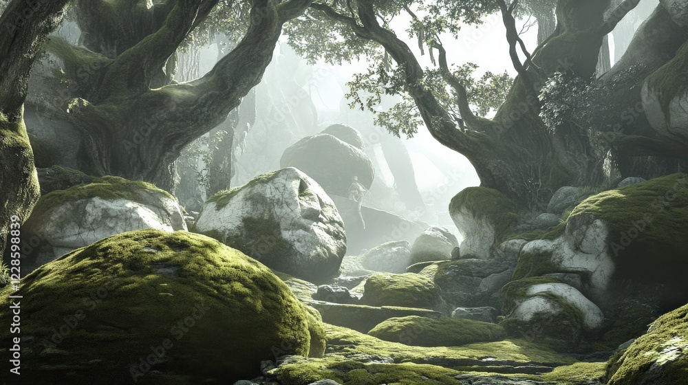 Poster enchanted forest pathway with moss-covered rocks and ethereal light filtering through trees