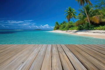 Wooden pier with clear blue water and palm trees, tropical beach background, tropical island scenery