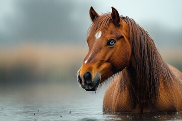 Brown horse closeup with blue eyes on Texas farm pond during winter in serene landscape