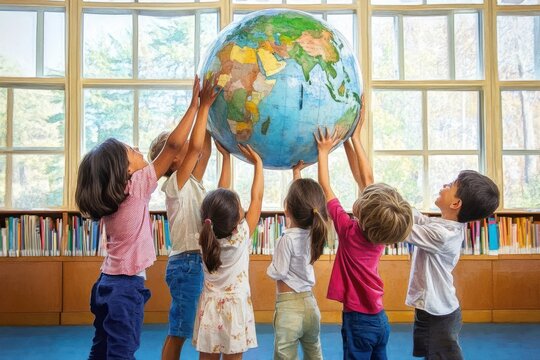Children Holding Globe in Library with Teacher Emphasizing Environmental Awareness and Education