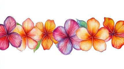 Floral Border of Plumeria: A vibrant watercolor illustration of a delicate border crafted from intricately drawn plumeria flowers in a captivating palette of pink, orange, and yellow.