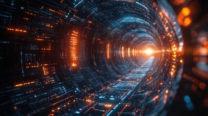 Fototapeta premium Futuristic digital tunnel with glowing blue and orange lights leading to a bright center, symbolizing technology