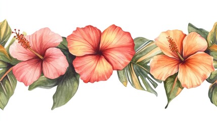 Obraz premium Tropical Hibiscus Border: Vibrant, watercolor hibiscus flowers bloom in a lush green border, showcasing a tropical paradise with their delicate petals and lush foliage.
