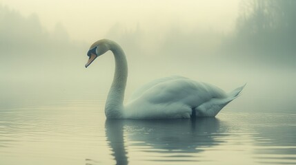 Fototapeta premium Elegant swan gracefully glides on misty lake. Perfect for projects needing serenity, peace, or nature themes.