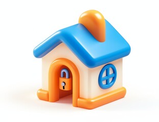 Cute 3D cartoon house model with padlock.