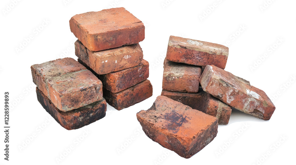 Poster stacks of old red bricks on a transparent background generative ai