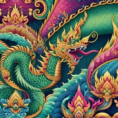 Obraz premium Mythical Naga Serpent – Traditional Thai Art with Gold Details Thai Dragon Naga – Majestic Serpent in Vibrant Colors