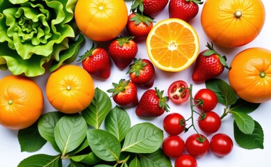 Naklejka premium Fresh fruits and vegetables arranged on a clean white background, showcasing healthy food choices and vibrant colors.