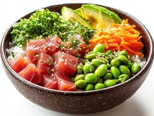 Tuna sashimi poke bowl with rice, avocado, edamame, shredded carrots, and sesame seeds in a dark ceramic bowl  
