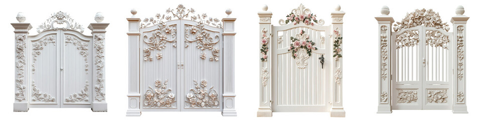 Ornate Carved White Gates and Doors of Stately Historical Mansion or Castle Facade