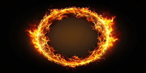 Warm glow of light ring with fire flames effect on dark black background creating a mystical ambiance, intense heat, radiance