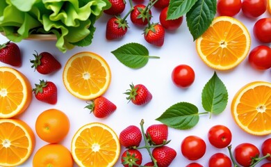 Naklejka premium Fresh fruits and vegetables arranged on a clean white background, showcasing healthy food choices and vibrant colors.