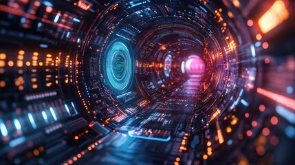 Obraz premium Futuristic digital tunnel with glowing lights and intricate circuitry, suggesting advanced technology