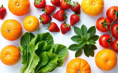 Fototapeta premium Fresh fruits and vegetables arranged on a clean white background, showcasing healthy food choices and vibrant colors.