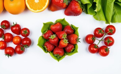 Fresh fruits and vegetables arranged on a clean white background, showcasing healthy food choices and vibrant colors.