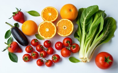 Fresh fruits and vegetables arranged on a clean white background, showcasing healthy food choices and vibrant colors.