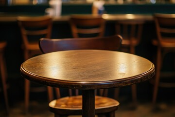 Empty wooden table in a dimly lit pub. Perfect for showcasing drinks or food menus.