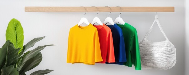 Naklejka premium Vibrant colored tops hung neatly on a wooden display.