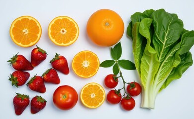 Fresh fruits and vegetables arranged on a clean white background, showcasing healthy food choices and vibrant colors.