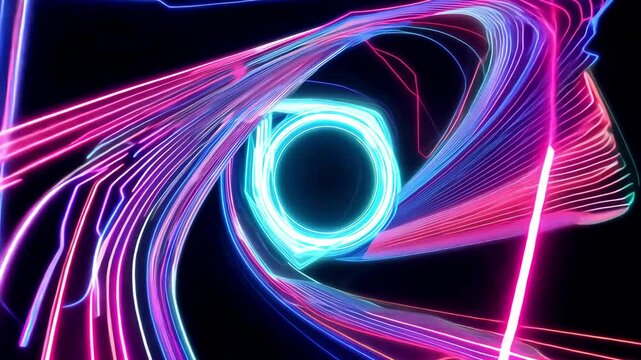 Abstract neon tunnel with glowing pink, blue, and purple geometric light lines on a black background. Futuristic design in horizontal video format