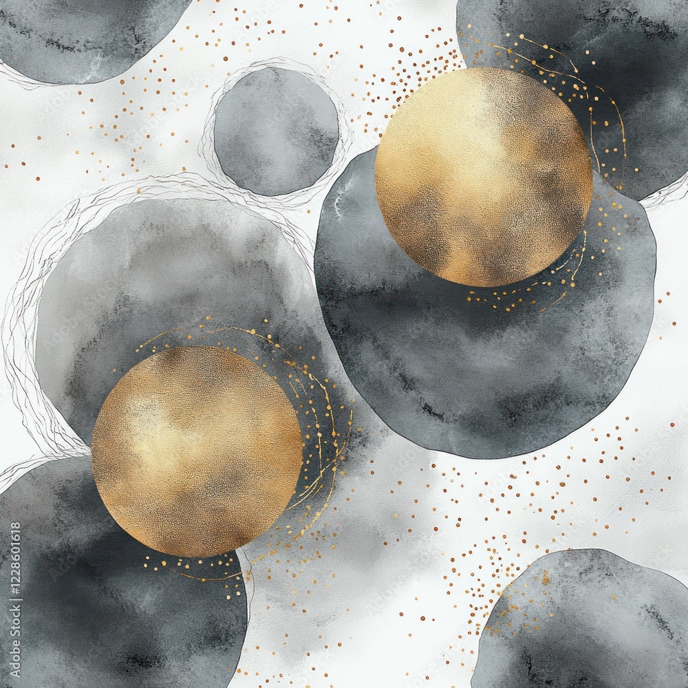 Poster watercolor abstract geometric pattern with gold circles and soft gray elements on white background