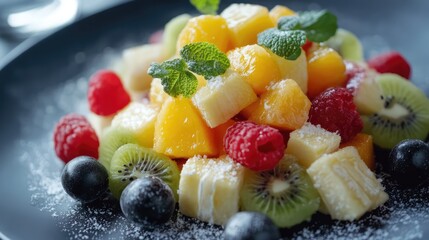 Fresh Fruit Salad:  A colorful and vibrant fruit salad, showcasing an assortment of fresh fruits including raspberries, kiwi, grapes, and oranges. The salad is arranged on a dark blue plate.