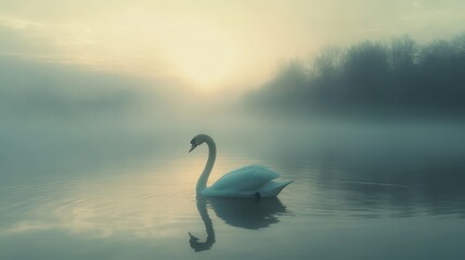 Fototapeta premium Serene swan gracefully glides on misty lake at sunrise. Perfect for peace, tranquility, and nature themes.