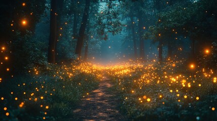 Magical Forest Path Illuminated by Glowing Fireflies in a Lush Nighttime Landscape