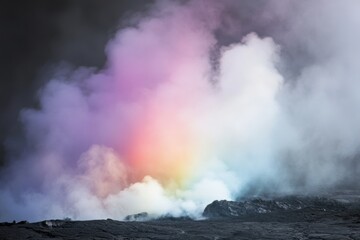 Volcanic steam vents with rainbow light with atmospheric perspective composition and dramatic side lighting 