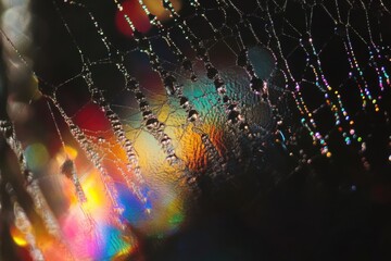 Water droplets on spider web with rainbow light diffraction composition and macro detail capture 
