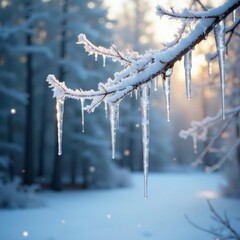 Sparkling icicles hanging from frosty tree branches, wintery landscape, tree branches, natural elements