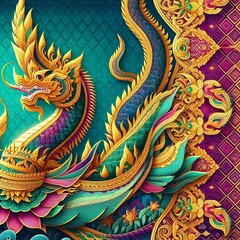 Fototapeta premium Thai Naga Dragon Art – Vibrant Mythological Serpent Colorful Thai Serpent – Mystical Naga in Traditional Art 