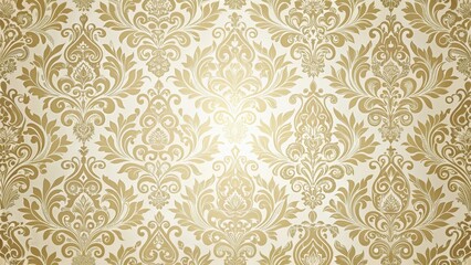 Elegant, intricate damask design in muted gold and cream colors on a soft white background, classic
