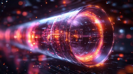 Fototapeta premium Futuristic glowing energy tunnel with vibrant lights and particles, suggesting advanced technology