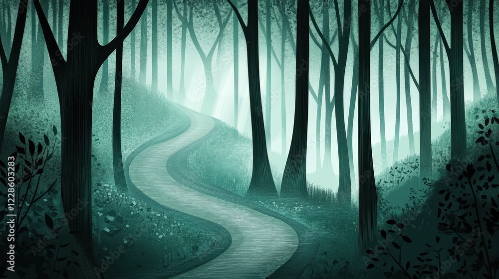 Poster serene winding path through a misty forest with ethereal light filtering through trees