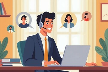 A businessperson wearing a headset, participating in a virtual meeting at their home office desk