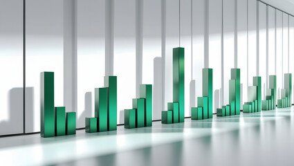 Obraz premium Green graph bars and statistics on white panels, white background, technology concept. 3D Rendering, ai