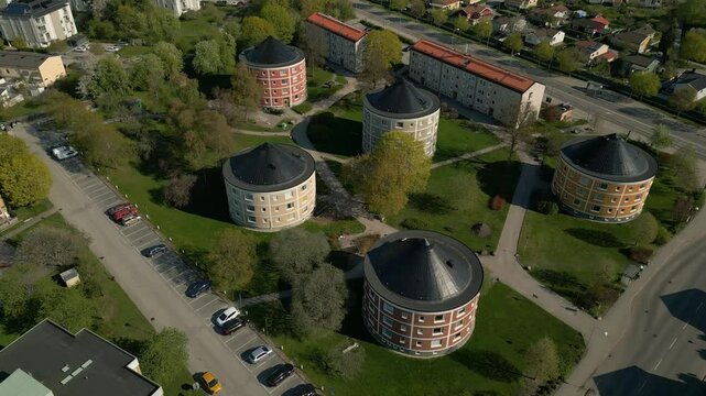 Aerial view of residential moomin houses - round architecture in Stockholm.