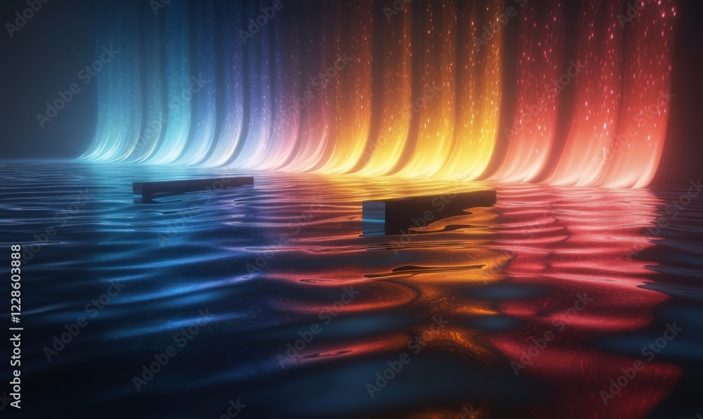 Poster quantum wave particle duality in double slit experiment illustrated with surreal patterns and light 