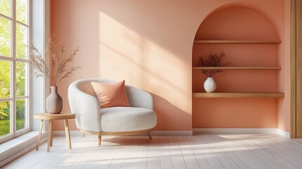 Modern Peach Minimalist Living Room Interior Design with Cozy Armchair and Decorative Elements