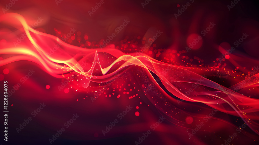 Poster abstract red wave design with flowing lines and particles, evoking energy and movement.
