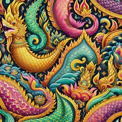 Fototapeta premium Thai Naga Dragon Art – Vibrant Mythological Serpent Colorful Thai Serpent – Mystical Naga in Traditional Art 
